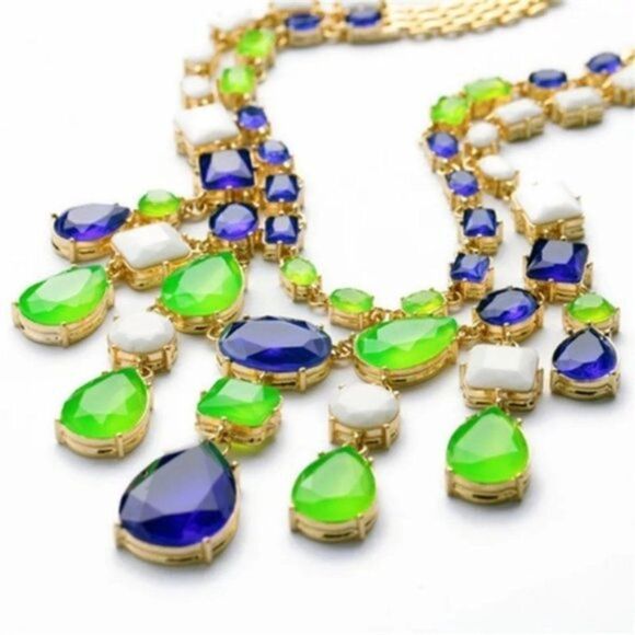 Royal Blue Crystal Rhinestone Statement Gold Collar Necklace - Picture 5 of 12